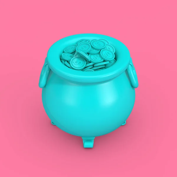 Blue Iron Cauldron Pot Tele Pénzzel Érmék Duotone Style Rózsaszín — Stock Fotó