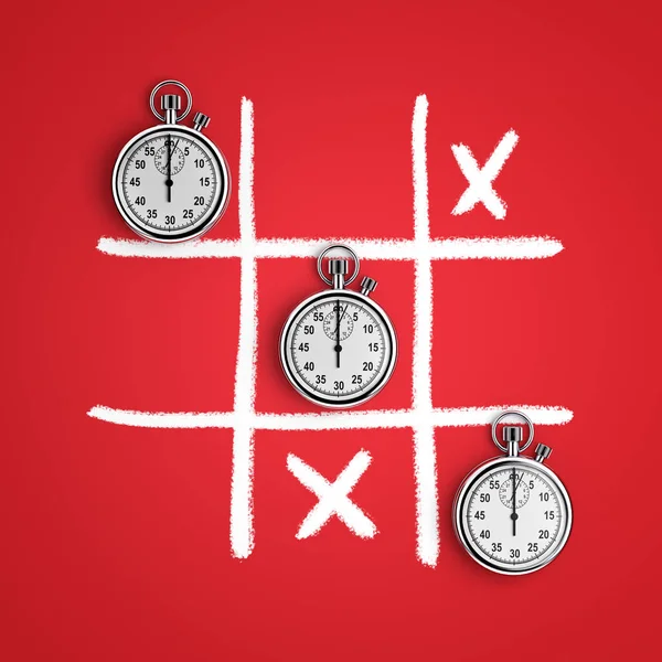 Chronomètres Dans Tic Tac Toe Game Sur Fond Rouge Rendu — Photo