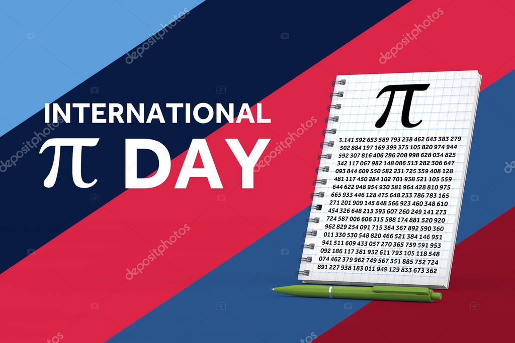 International Pi Day Concept. Notepad Squared Paper Sheet with Pi Symbol, Green Pen and International Pi Day Sign on a multicolored background. 3d Rendering 