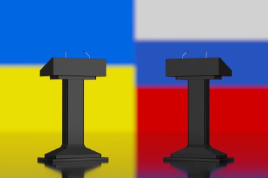 Russia and Ukraine Negotiation Concept. Black Speech Podium Tribune with Microphones in front of Ukraine and Russian Flags background extreme closeup. 3d Rendering 