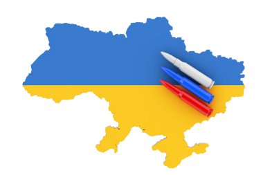 Rus Savaşı Agresyon Konsepti. Beyaz zemin üzerinde Ukrayna Bayrağının Renkleri Üzerine Rus Bayrağı Renklerinde 7.62 mm Caliber Metal Mermisi. 3d Hazırlama 