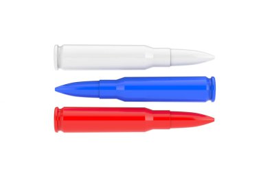 Russian War Agression Concept. Automatic Rifles 7.62 mm Caliber Metal Bullet in Colors of Russian Flag on a white background. 3d Rendering 