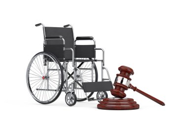 Red Wooden Justice Gavel with Empty Wheelchair on a white background. 3d Rendering 
