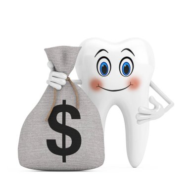 Beyaz Diş Karakteri Maskotu ve Çarşaf Çarşaf Para Çuvalı ya da Para Çantası. Beyaz arka planda dolar işareti var. 3d Hazırlama 