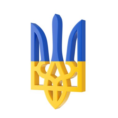 Coat of Arms with Flag of Ukraine, Ukrainian National Emblem, Yellow and Blue Ukrainian Trident on a white background. 3d Rendering 