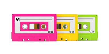 Row of Multicolor Old Vintage Audio Cassette Tapes on a white background. 3d Rendering 