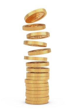 Golden Dollar Coins Falling Onto Stack on a white background. 3d Rendering 