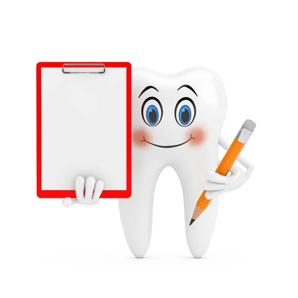 White Tooth Person Character Mascot Red Plastic Clipboard Paper Pencil — Stock Photo, Image