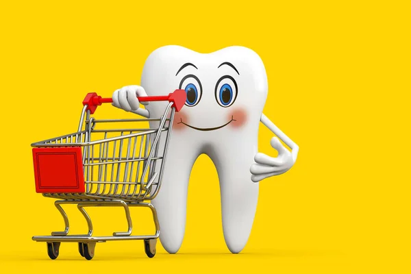 White Tooth Person Character Mascot Shopping Cart Trolley Yellow Background — Zdjęcie stockowe