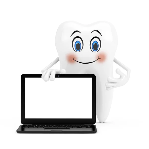 Maskotka Postaci Biały Ząb Nowoczesnym Notebooka Laptopa Pusty Ekran Projektowania — Zdjęcie stockowe