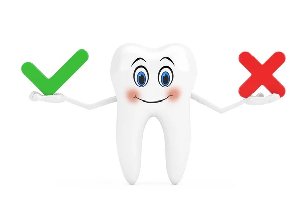 White Tooth Person Character Mascot Red Cross Green Check Mark — Stock Photo, Image