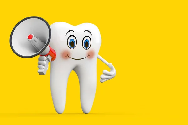 White Tooth Person Character Mascot Red Retro Megaphone Yellow Background — Zdjęcie stockowe