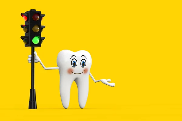 White Tooth Person Character Mascot Traffic Green Light Yellow Background — Zdjęcie stockowe