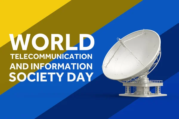 World Telecommunication Day Concept. Big Satellite Dish Antenna Radars with World Telecommunication And Information Society Day Sign on a multicolored background. 3d Rendering