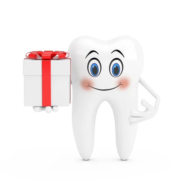 White Tooth Person Character Mascot Gift Box Red Ribbon White — Stock Fotó