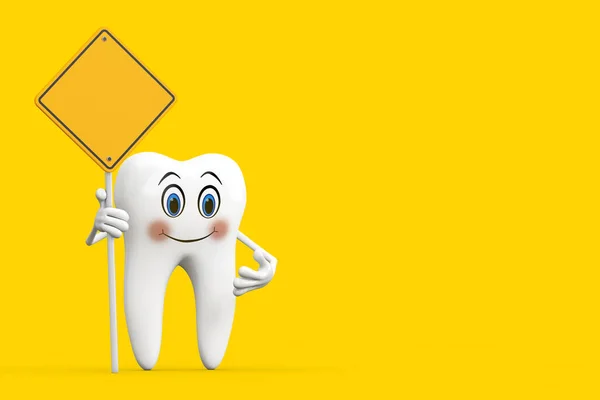 White Tooth Person Character Mascot Yellow Road Sign Free Space — Zdjęcie stockowe