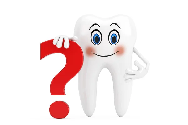 White Tooth Person Character Mascot Red Question Mark Sign White — Zdjęcie stockowe