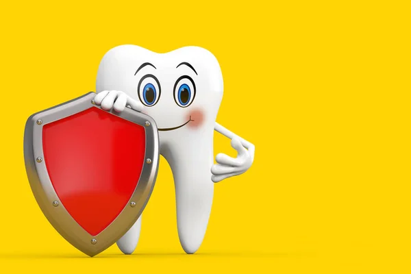 White Tooth Person Character Mascot Red Metal Protection Shield Yellow — Stock Fotó