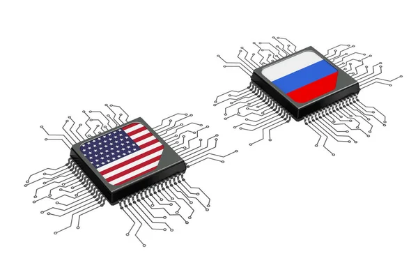 ハイブリッドとサイバー戦争の概念 回路と米国とロシアのフラグ白い背景にマイクロチップCpuプロセッサ 3Dレンダリング — ストック写真
