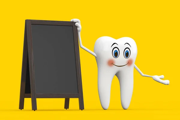 White Tooth Person Character Mascot Blank Wooden Menu Blackboards Outdoor — Zdjęcie stockowe