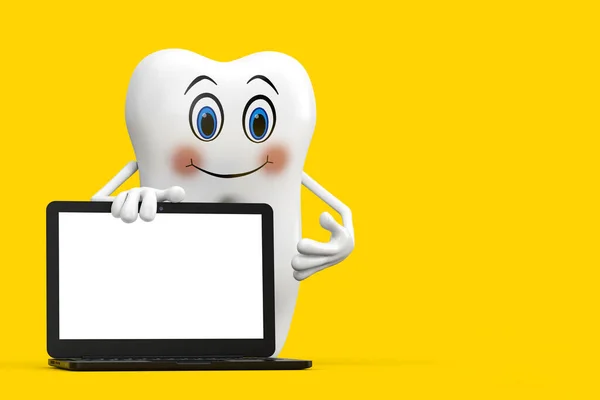 Maskotka Postaci Biały Ząb Nowoczesnym Notebooka Laptopa Pusty Ekran Dla — Zdjęcie stockowe