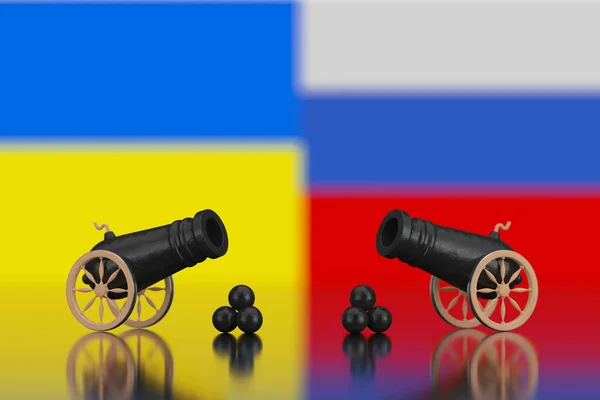 ロシアとウクライナの戦争の概念 ウクライナとロシアの国旗の前に大砲と古い大砲は極端なクローズアップを背景にしています 3Dレンダリング — ストック写真