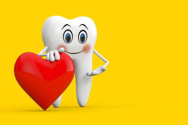 White Tooth Person Character Mascot Red Heart Yellow Background Rendering — Stock Fotó