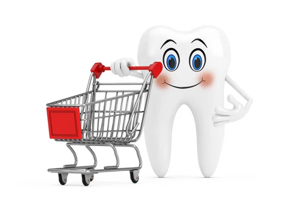 White Tooth Person Character Mascot Shopping Cart Trolley White Background — Foto de Stock