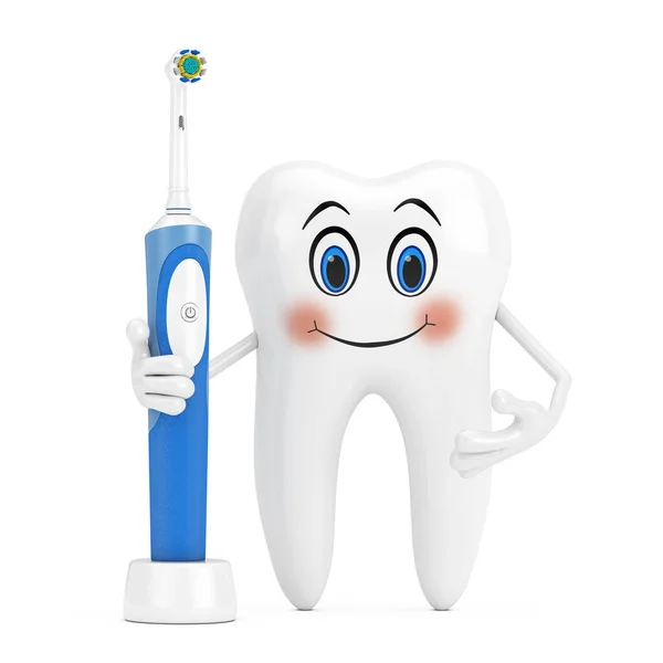 White Tooth Person Character Mascot New Electric Toothbrush Charge Stand — Zdjęcie stockowe