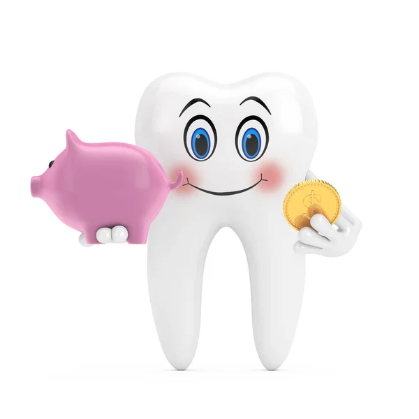 White Tooth Person Character Mascot Piggy Bank Golden Dollar Coin — Foto de Stock