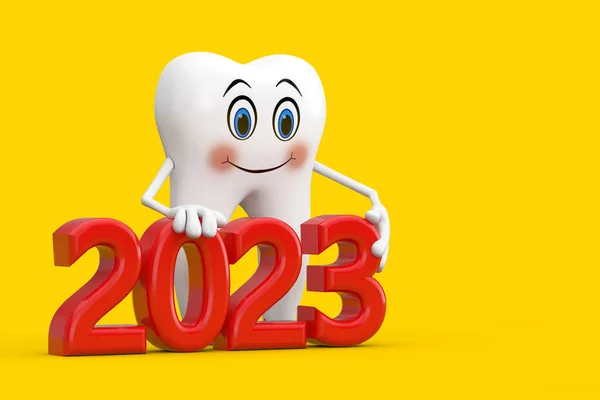 Maskotka Postaci Białego Zęba Czerwonym 2023 Nowy Rok Znak Żółtym — Zdjęcie stockowe