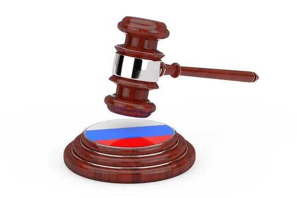 白い背景にサウンドブロック上のロシア国旗とレッド木製の正義のギャベル 3Dレンダリング — ストック写真