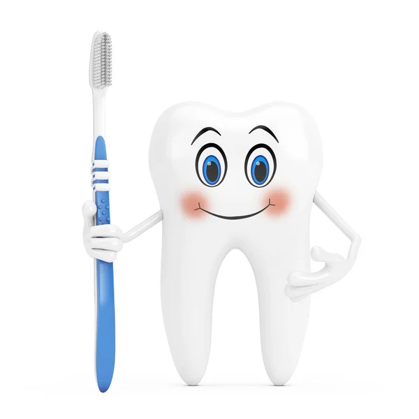 White Tooth Person Character Mascot Simple Plastic Toothbrush White Background — Stock Photo, Image