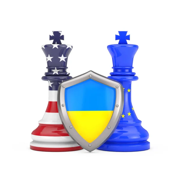 Escudo Proteção Bandeira Ucraniana Frente Rei Xadrez Com Bandeiras Dos — Fotografia de Stock