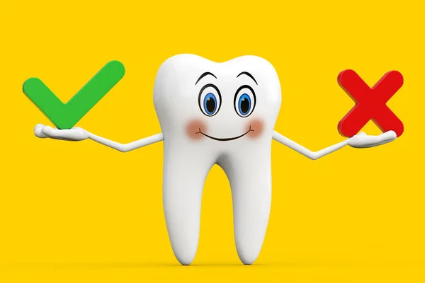 White Tooth Person Character Mascot Red Cross Green Check Mark — Zdjęcie stockowe