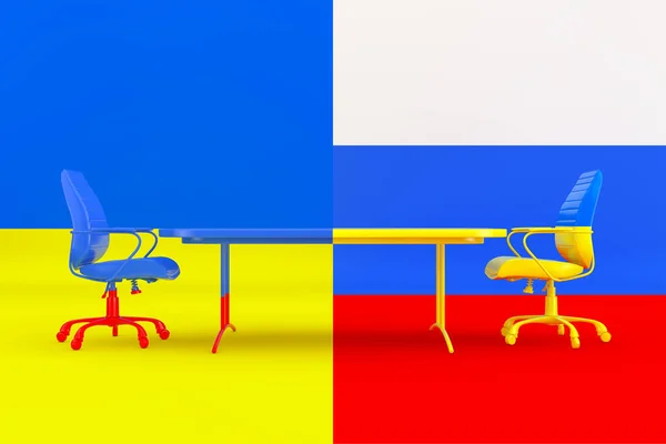 Russia Ukraine Confrontation Concept Chairs Desk Colors Ukraine Russia Flags — Foto de Stock