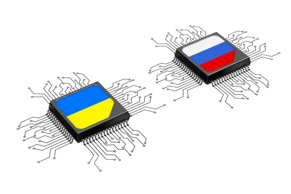 Hybrid Cyber War Concept Microchip Procesadores Cpu Con Circuito Banderas — Foto de Stock