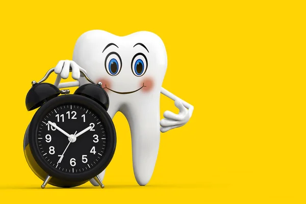 White Tooth Person Character Mascot Alarm Clock Yellow Background Rendering — Zdjęcie stockowe