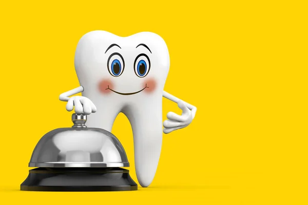 White Tooth Person Character Mascot Hotel Service Bell Call Yellow — Zdjęcie stockowe