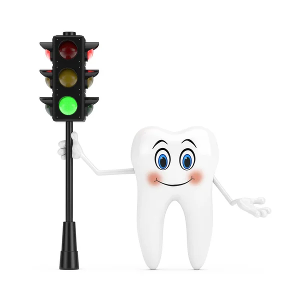 White Tooth Person Character Mascot Traffic Green Light White Background — Zdjęcie stockowe