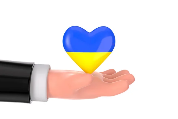 Cartoon Hand Holding Heart Την Ουκρανική Σημαία Λευκό Φόντο Απόδοση — Φωτογραφία Αρχείου