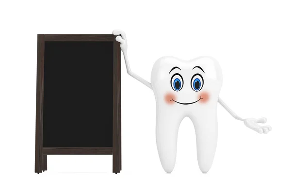 White Tooth Person Character Mascot Blank Wooden Menu Blackboards Outdoor — Stock Fotó