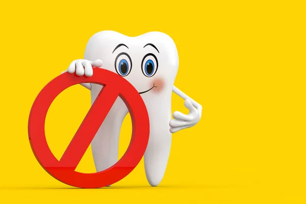 White Tooth Person Character Mascot Red Prohibition Forbidden Sign Yellow — стоковое фото