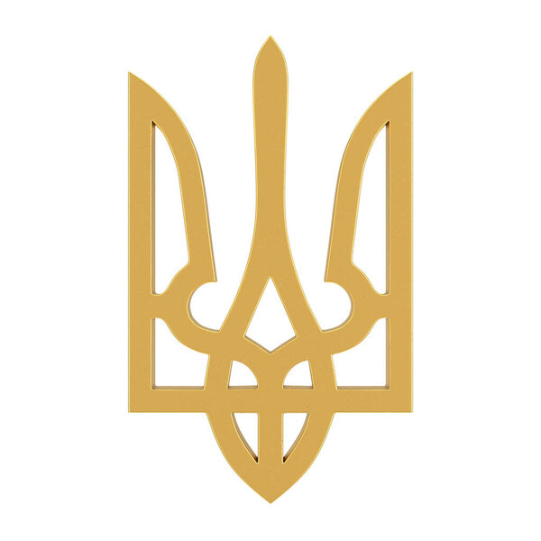 Golden Ukraine Coat of Arms National Emblem on a white background. 3d Rendering 