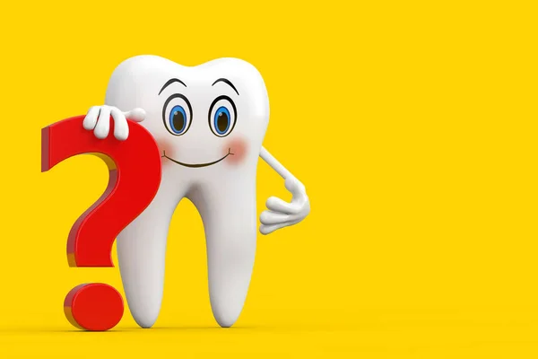 White Tooth Person Character Mascot Red Question Mark Sign Yellow — Zdjęcie stockowe