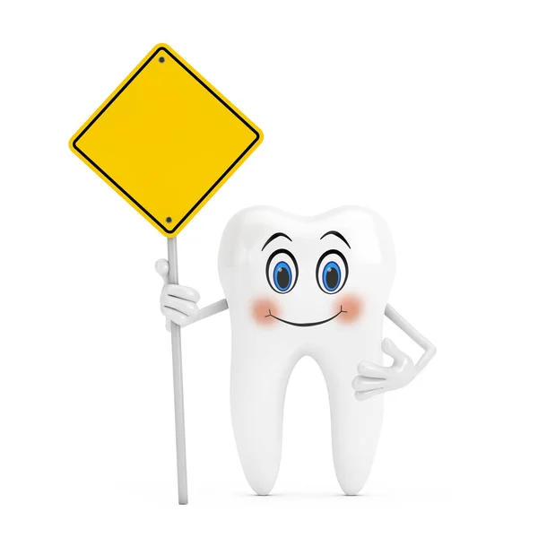 White Tooth Person Character Mascot Yellow Road Sign Free Space — Zdjęcie stockowe