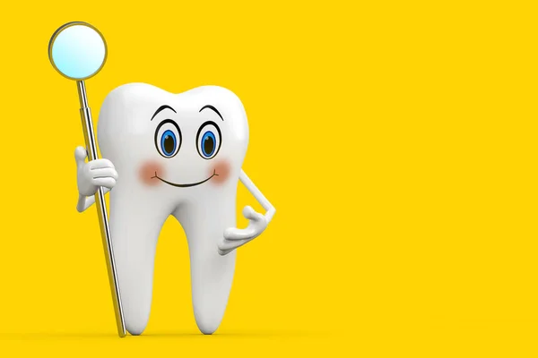 White Tooth Person Character Mascot Dental Inspection Mirror Teeth Yellow — Stok fotoğraf