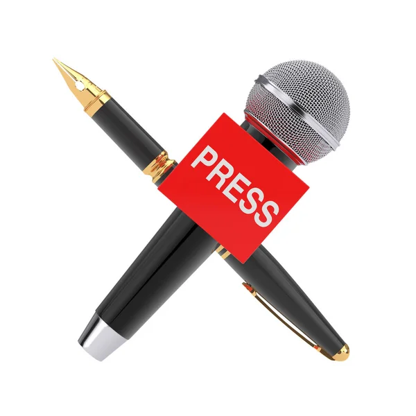 Sajtószabadság Világnapja Koncepció Golden Fountain Writing Pen Press Mikrofon Fehér — Stock Fotó