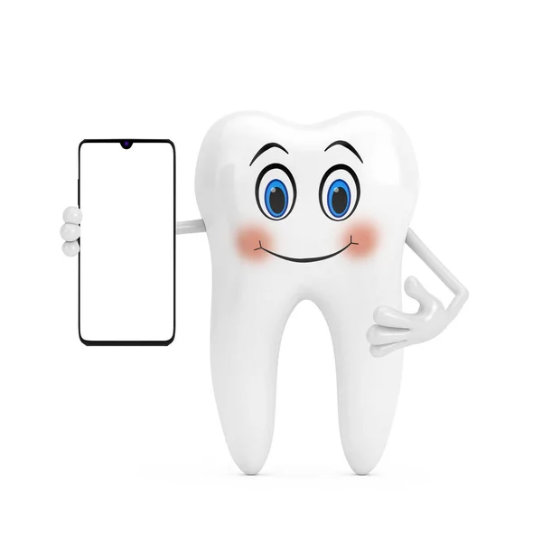 White Tooth Person Character Mascot Modern Mobile Phone Blank Screen — Zdjęcie stockowe