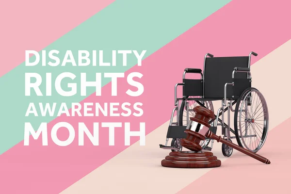 Disability Rights Awareness Month Concept. Wooden Justice Gavel, Wheelchair and Disability Rights Awareness Month Sign on a multicolored background. 3d Rendering